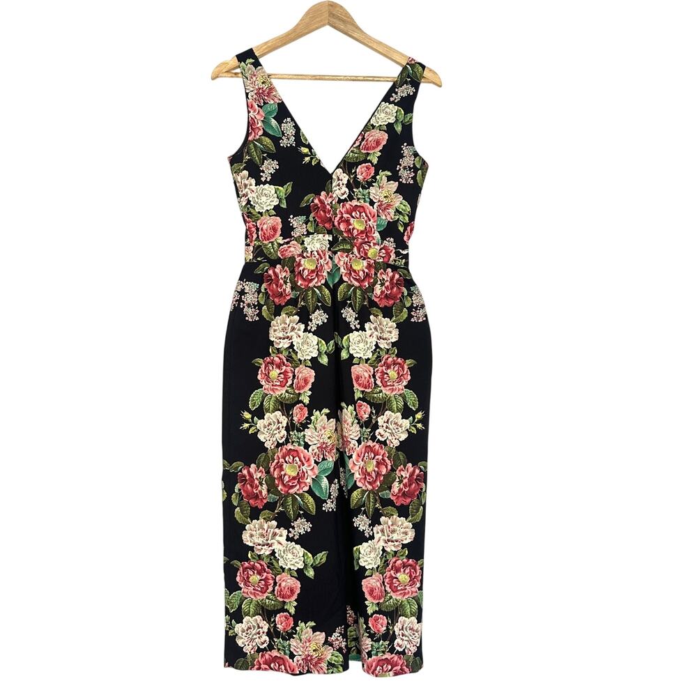 Oasis UK Black Pink Rose Floral Jumpsuit, Royal Museum Archive, Cottagecore US 4